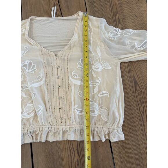 Anthropologie Embroidered Blouse White Tan Cream Large Button Up Sheer Long Slee - Picture 8 of 8